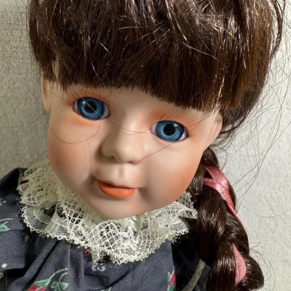 Doll House Porcelain Doll‎ VTG Blue Eyes Braided Hair Floral Dress